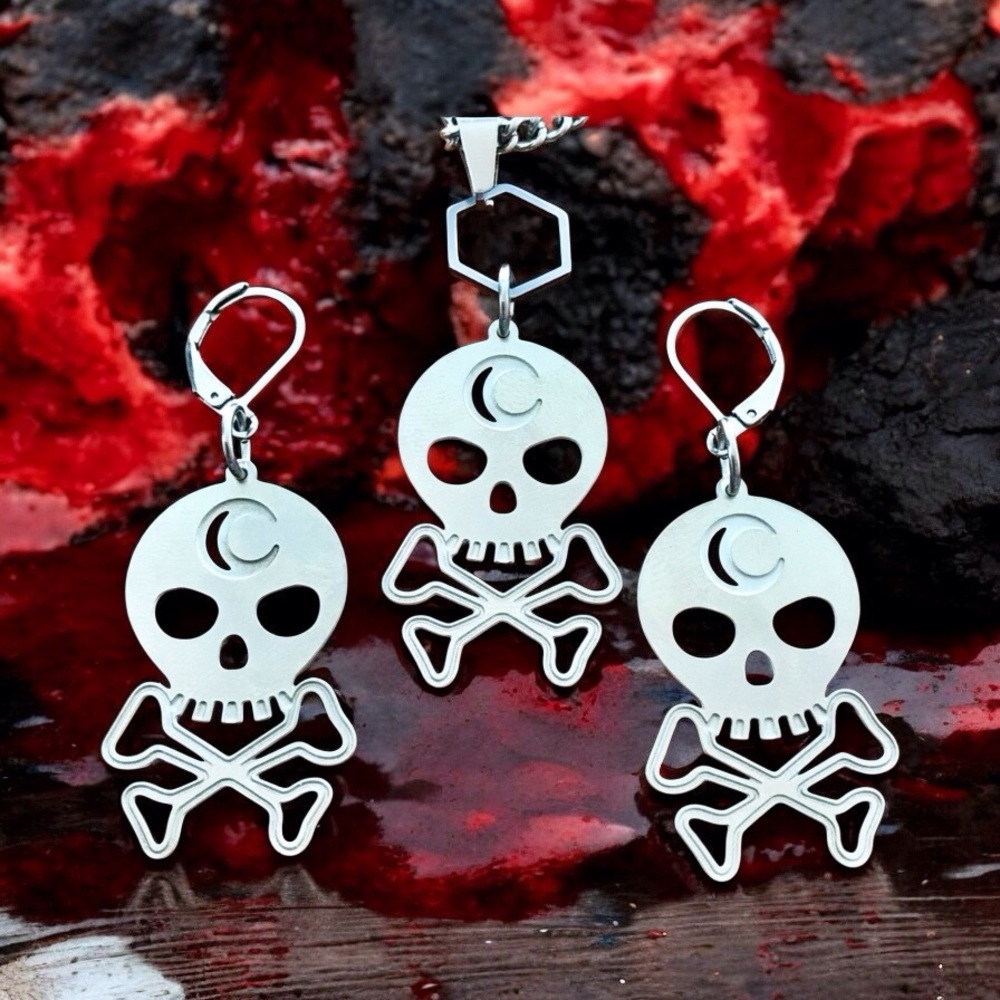 🆕 Skull and Bones Laser Etched Necklace and Earrings Set Stainless Steel